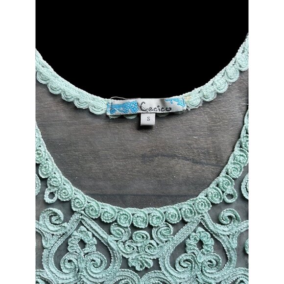 Cecico Women's Sheer Embroidered Turquoise Sleeveless Top - Picture 5 of 6